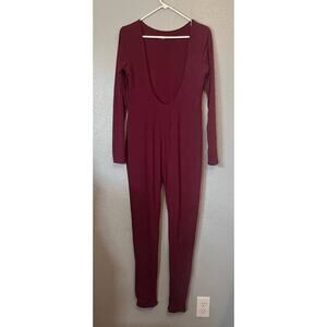 Fashion Nova Womens 1X Long Sleeve Pant Bodysuit Maroon Stretch Party